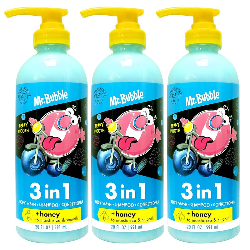 Mr. Bubble Berry Smooth 3-in-1 Body Wash, Shampoo & Conditioner Plus Honey Moisturize and Smooth Hair and Body 3-Pack - Image 1